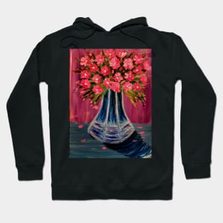 Pink and white abstract flowers in a blue glass vintage vase Hoodie